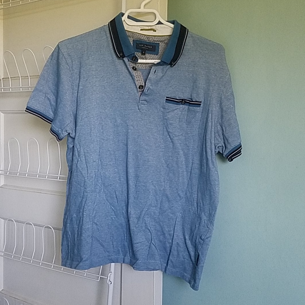 Ted Baker London Polo Short Sleeve Shirt Blue Collar Chest Pocket Size 5